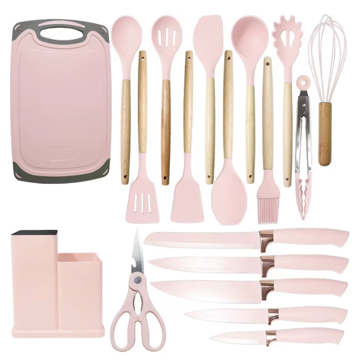 Set ustensile bucatarie 19 piese silicon alimentar cutite tocator termorezistente antiaderente suport blat ROZ